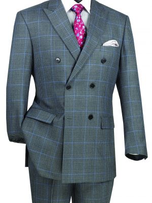 Executive Double Breasted Suit Glen Plaid Side Vents Flat Front Pants Regular Fit | DRW-2