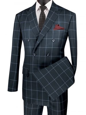 Double Breasted Modern Fit Flat Front Pants Side Vents Windowpane | MDW-1
