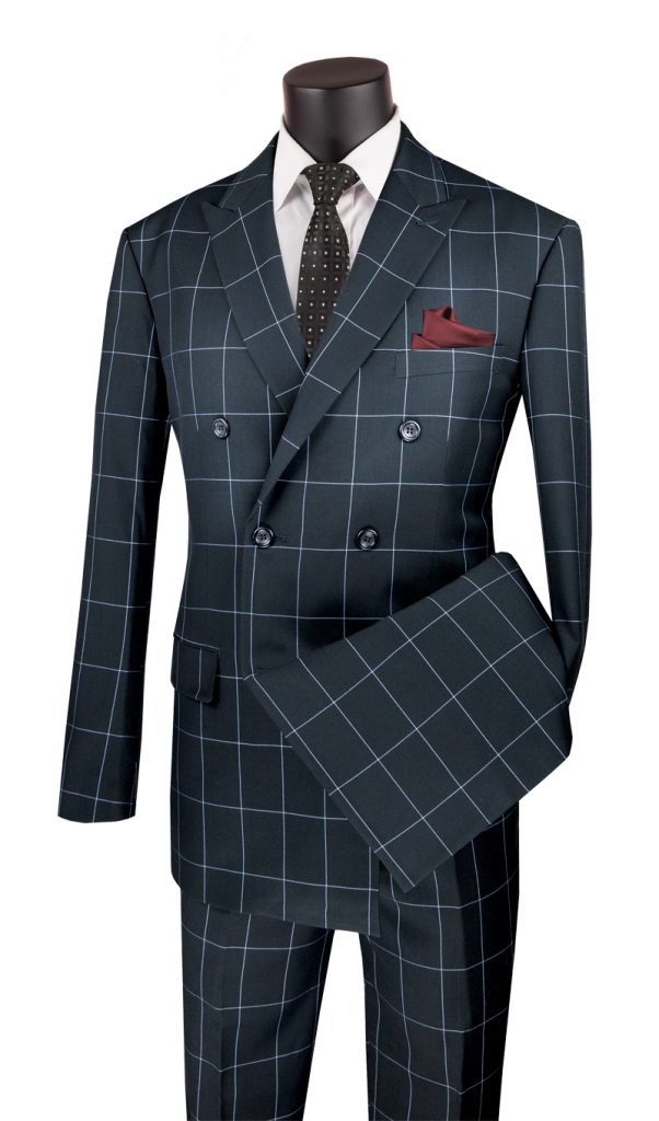 Double Breasted Modern Fit Flat Front Pants Side Vents Windowpane | MDW-1