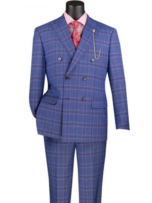 Double Breasted Modern Fit Stretch Fabric Flat Front Pants Side Vents Glen Plaid | MDW-2